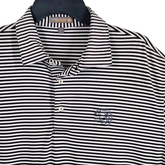 Peter Millar Summer Comfort Polo Golf Shirt B&W Striped Men L Stretch Logo - Picture 1 of 12